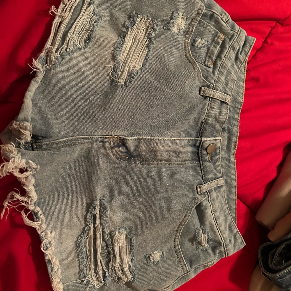 Trendy Light Blue Distressed Jean Shorts